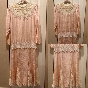Jessica McClintock Vintage 80’s Silk 100% Embroidered Pink Salmon Dress, 12